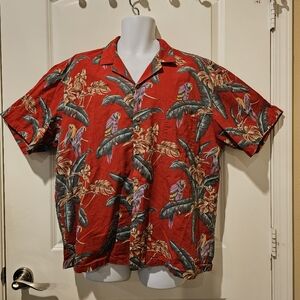 Vintage Paradise Found Hawaiian Aloha Shirt Mens XL Red Parrots Birds Flo…